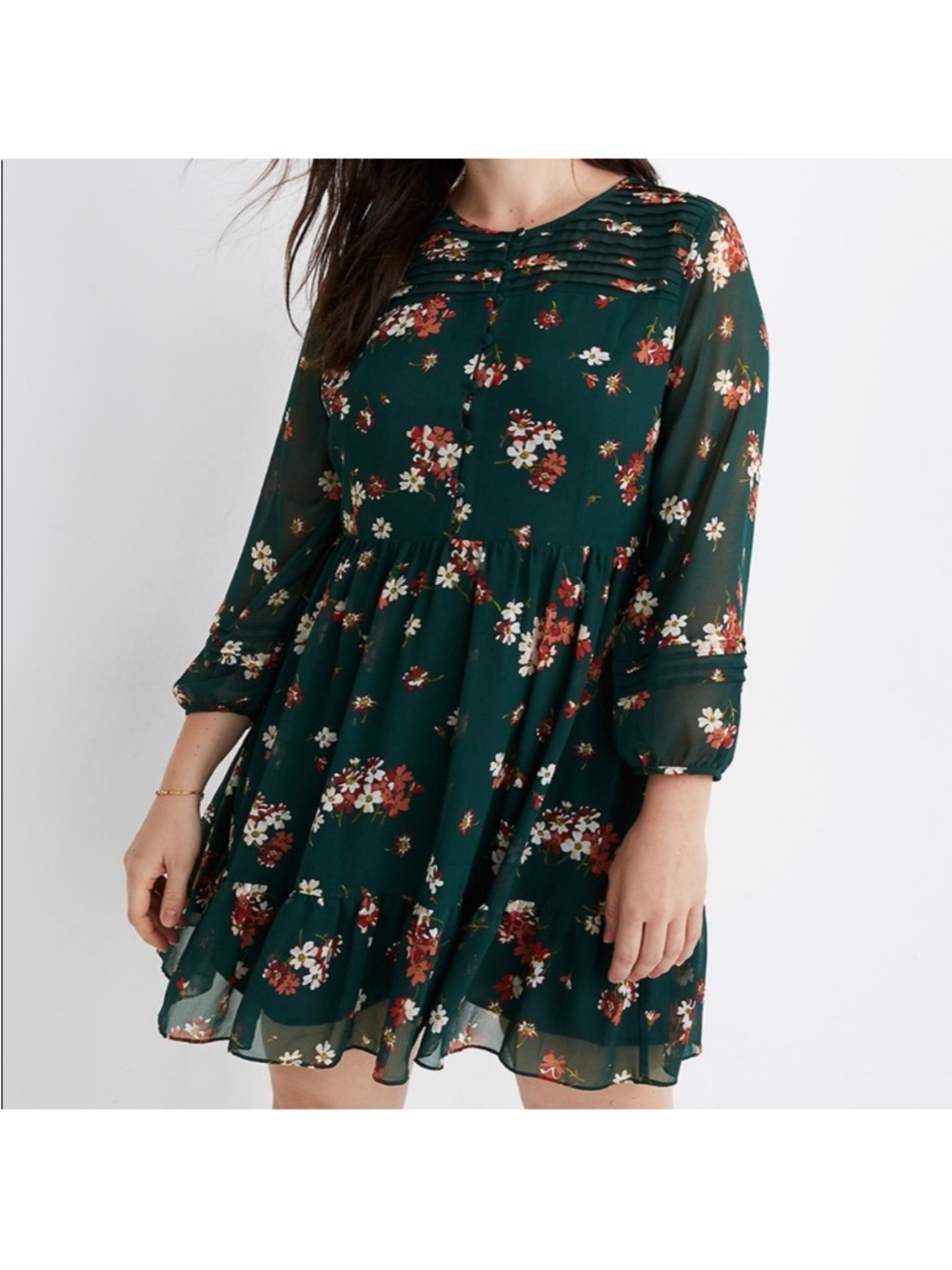 Madewell sheer-sleeve pintuck ruffle dress in the color spruce blooms